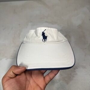 Polo Ralph Lauren Visor Hat White Navy Blue Embroidered Pony Adjustable Mens OS